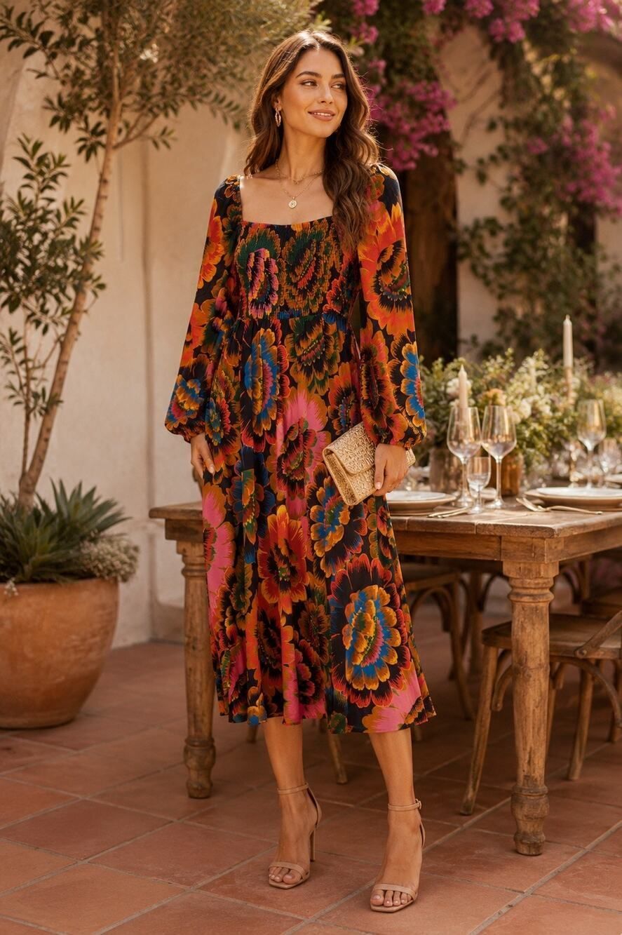 FARM Rio Bold Floral Smocked Square Neck Long Sleeve Midi Dress NWT Medium
